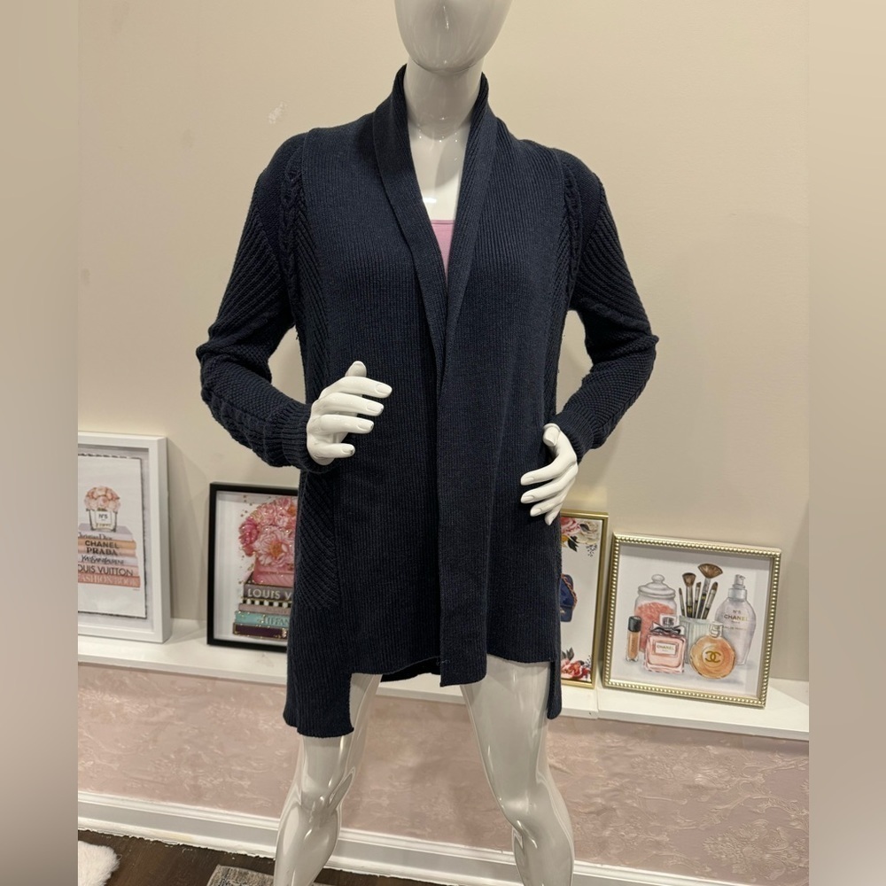Cabi Navy Blue Open Front Shawl
Collar Fisherman Cable Knit Cardigan Sweater